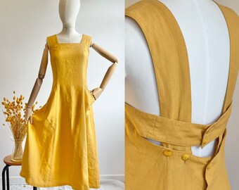 Vintage Made in France Gelbes rückenfreies Midikleid aus Leinen/Viskose, romantisches Hochzeitskleid mit Taschen