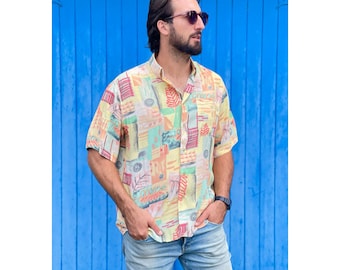 Mens/Unisex Vintage Viscose Button Down Shirt, Retro Print, Tomboy - Size Large