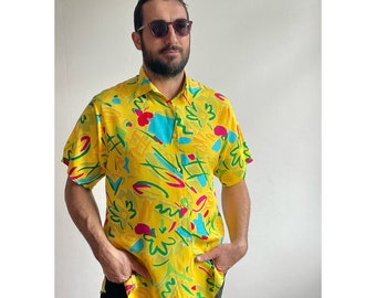 Chemise de soirée en viscose unisexe vintage des années 1980 pour hommes, femmes, chemise d'été à col festival et imprimé abstrait rétro - taille moyenne