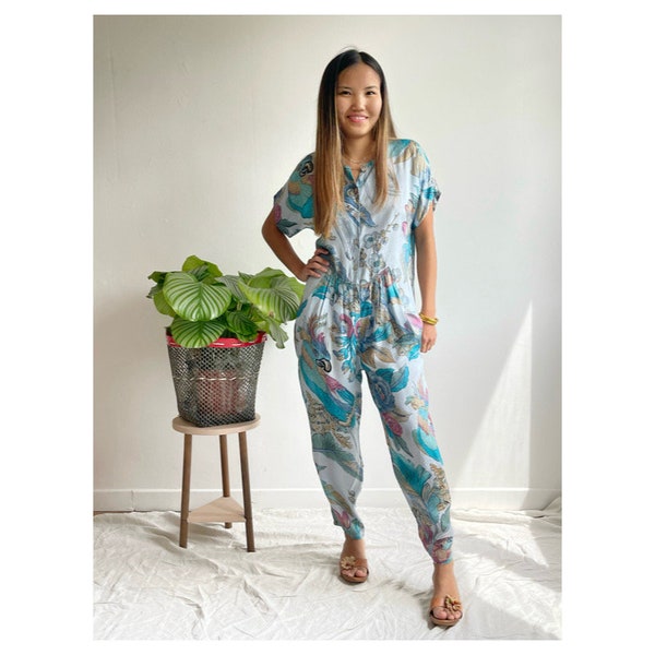 French Vintage 1980’s Rene Derhy Blue Parrot Tropical Print Jumpsuit Loose Fit Breastfeeding - Size S-M