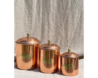 Set di 3 barattoli vintage francesi rari in rame/ottone 'Sucre, Café, Thé' French Kitchen Cottage Core