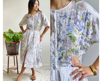 Etéreo Vintage bordado mariposas encaje 1970s algodón Boho vestido - tamaño pequeño - mediano