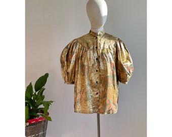 Franse vintage jaren 1980 Christian Llinares Made in France Gold Disco Lurex Shirt Blouse - Maat Medium