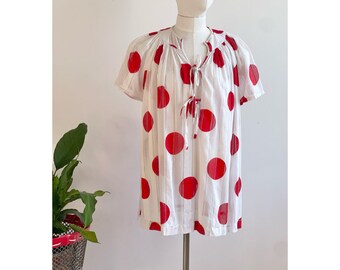 1980’s French ‘Jacques Molko’ Red and White Boho Blouse Maternity Puff Sleeves Boho Made in France - Size Medium