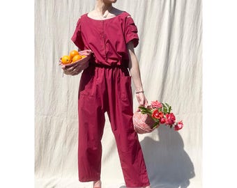 Fabulous 80’s Cotton Jumpsuit with Open Shoulder Detail, Burgundy Red Disco, Boilersuit - Size Small-large