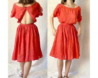 Vintage Thierry Mugler, French Couture, 1980’s Backless Linen Fit and Flare Dress, Made in Italy -  Size XS/S