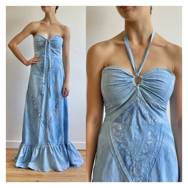 Vintage 1970er Maxi Kleid, Blaues Neckholder Kleid