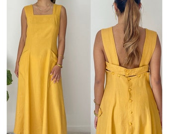 Vintage Made in France Yellow Backless Linen/Viscose Midi Dress Wedding Romantic Dress with Pockets