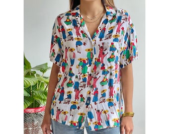 Chemise unisexe pour femmes en viscose à col boutonné des années 1980 avec imprimé fantaisie Summer Festival Tomboy - Taille Moyenne