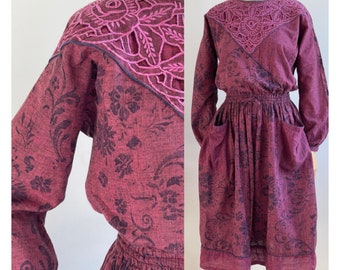 vintage Rene Derhy - Robe folklorique bohème en dentelle de coton avec poches Hippie - Taille S