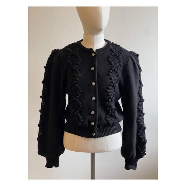 vintage autrichien Handknit laine noire Cardigan Folk Tyrolien - Taille Petite