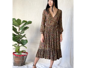 Français vintage Jean-Louis Scherrer Paris, fabriqué en France, couture française, robe jardin à volants, robe de mariée, imprimé botanique - taille XS/S