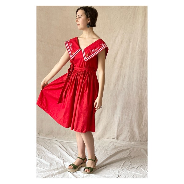 Gorgeous French Vintage René Derhy Paris Red and White Fit and Flare Sailor Dress, 80's does 50s, Rockabilly, Pin Up dress - Size Small