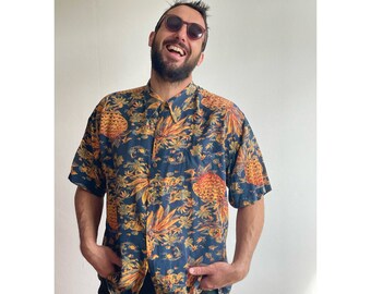 Chemise vintage avanti hawaïenne 100 % soie pour homme, chemise de festival, mariage, fête unisexe Aloha Tiki - Taille X-XL