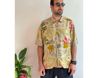 Chemise vintage unisexe à col boutonné en viscose pour hommes, chemise d'été festival de l'an 2000 - Taille L/XL