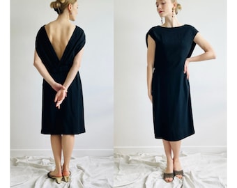 Stunning French Vintage 1960’s Dramatic Backless Evening Dress, Black Cocktail Dress, Bow Dress, Open Back Dress - Size Small