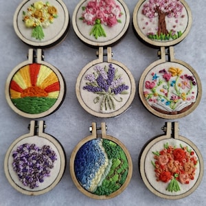 Hand Embroidered Framed Miniature Necklace, Keyring, Magnet