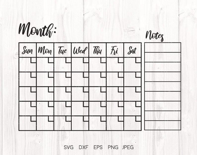 Monthly Calendar SVG Calendar with notes Blank calendar svg Etsy
