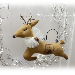 Jumping deer made from old flour sack with bells in brocante, folk art, vintage, country house style image 3