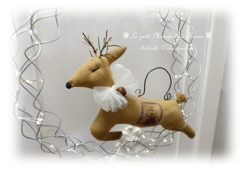 Jumping deer made from old flour sack with bells in brocante, folk art, vintage, country house style image 3