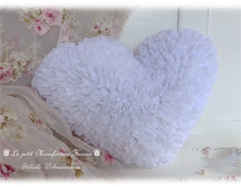 Linen heart pillow with Voile polyester ruffles in shabby chic, vintage, country house style
