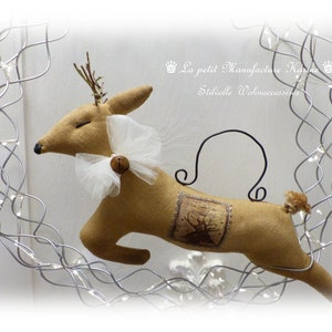 Jumping deer made from old flour sack with bells in brocante, folk art, vintage, country house style image 2