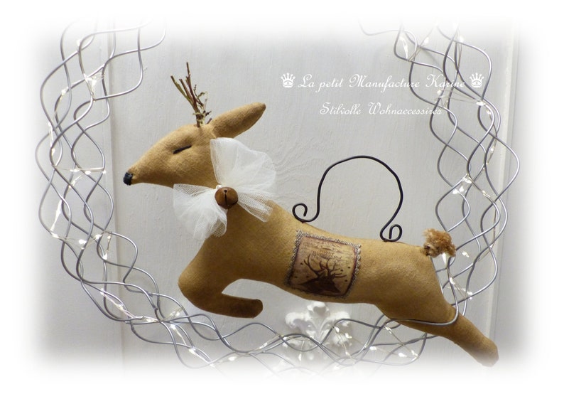 Jumping deer made from old flour sack with bells in brocante, folk art, vintage, country house style image 2