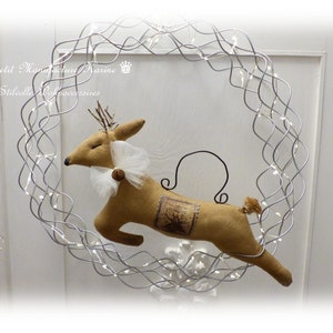 Jumping deer made from old flour sack with bells in brocante, folk art, vintage, country house style image 1