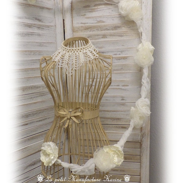 Shabby Chic Stoff 212cm Lange Blumengirlande mit Perlen in creme Vintage, Landhausstil