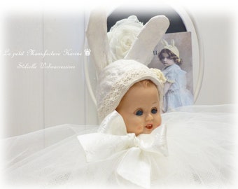 Nostalgic doll hat rabbit made according to old templates using cotton wool technology, completely in shabby chic, brocante, country house style