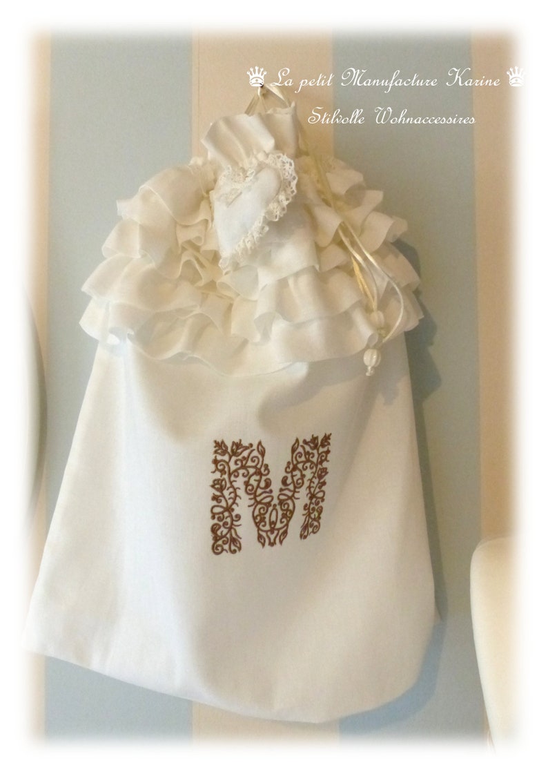 Linen flounce bag with monogram M in shabby chic, vintage, country style image 2
