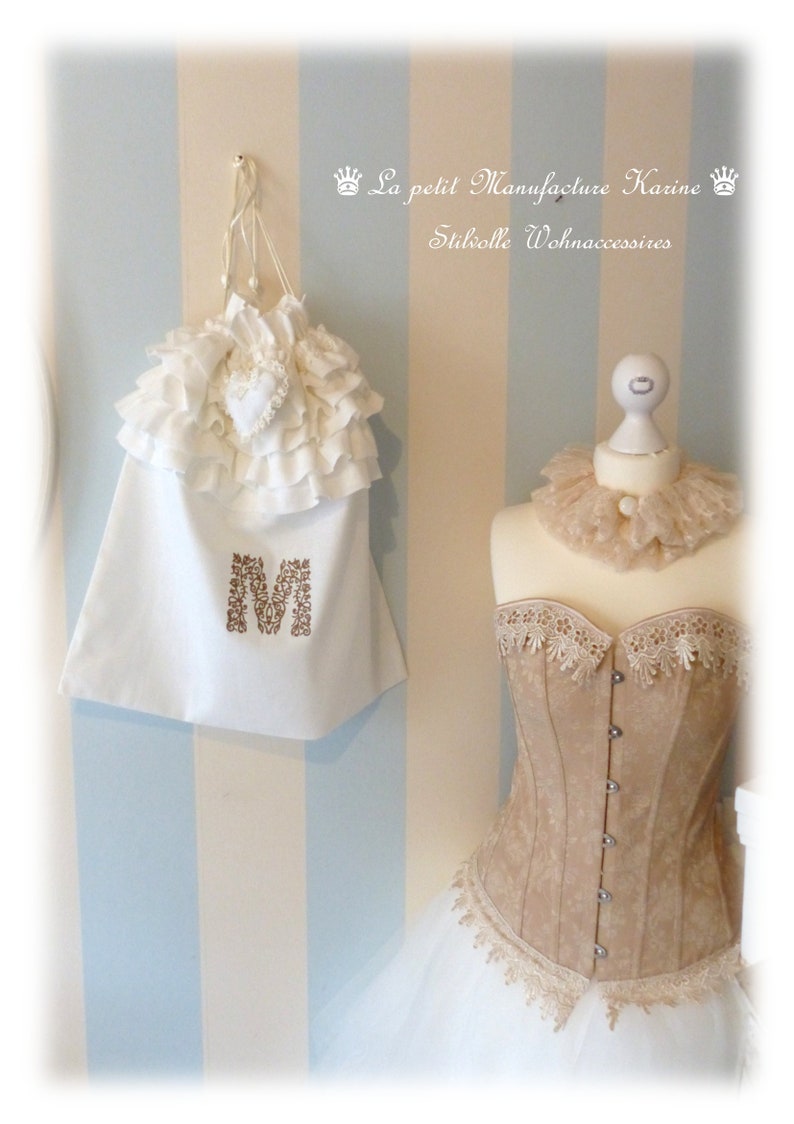 Linen flounce bag with monogram M in shabby chic, vintage, country style image 3