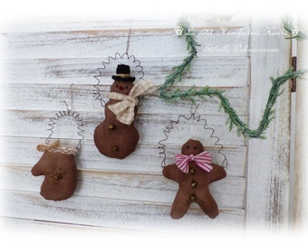 Nostalgic set of 3 pendants Primitive folk art made from old flour sack snowman, glove, and gingerbread man