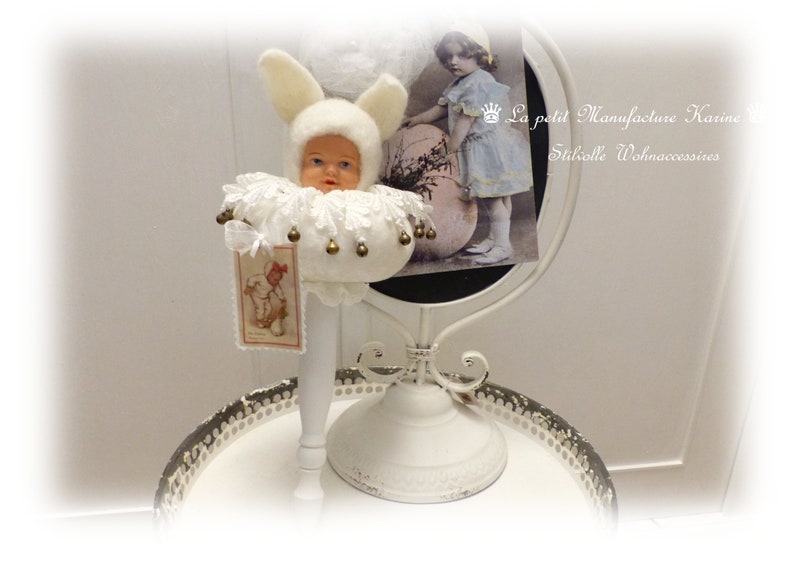 Nostalgic old antique doll head rabbit child quirk stick doll in shabby chic, vintage, brocante, country house style image 2