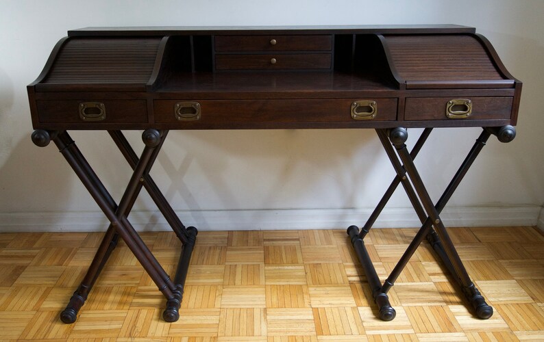 Vintage John Van Koert Campaign Style Desk With X Legs And Roll Top Mid Century Modern By Drexel