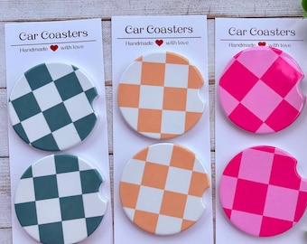 Car Coasters, Cute Car Coasters, Checkered Car Coasters, Ceramic Car Coasters, Neoprene, Pink Checkered Coasters, Green Checkered Coasters