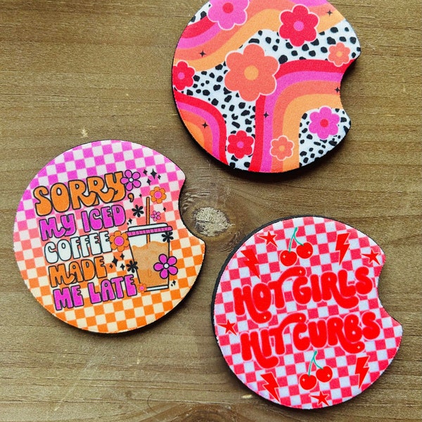 Cute Car Coasters, Floral Retro, Iced Coffee Made Me Late, Hot Girls Hit Curbs, Combo Pack, Neoprene Car Coasters, Ceramic Coasters, Gifts