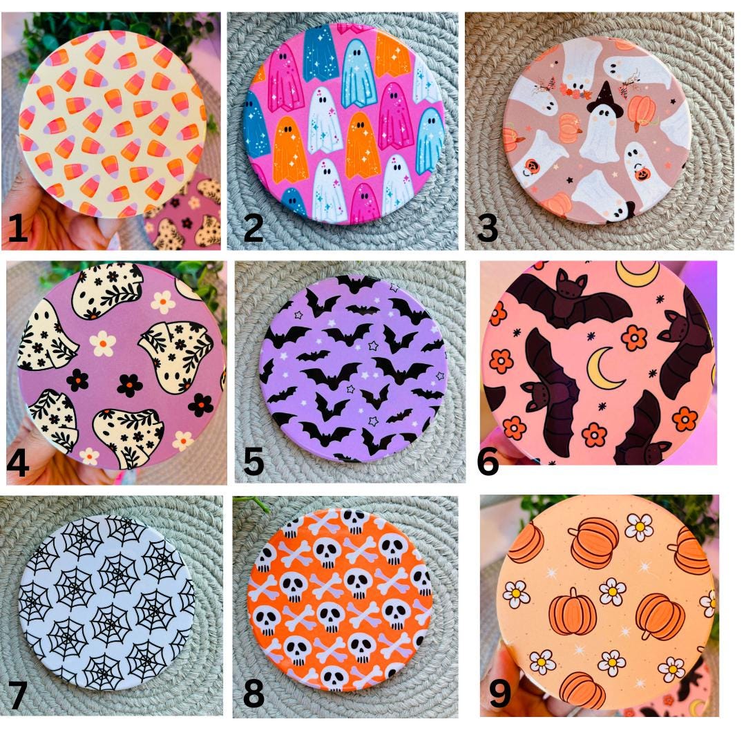 Halloween Ceramic Coasters, Ghost Ceramic Coasters, Pumpkins Flowers, Daisy Coasters, Halloween Candy, Halloween Coaster Set, Gifts, Spooky