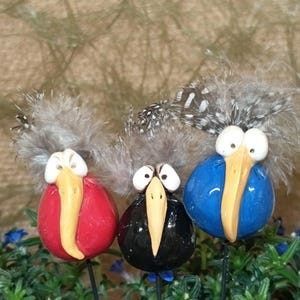 Può includere: Tre picchetti da giardino a forma di uccello stravagante. Uno è rosso, uno nero e uno blu. Ognuno ha un grande becco giallo e occhi bianchi. Gli uccelli sono ambientati in un letto di fogliame verde con piccoli fiori blu e sormontati da soffici piume.