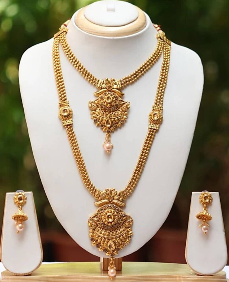 LCT Golden Color Beautiful Designer Ethnic Indian Traditional Long Gold Plated Wedding Temple Kundan Necklace Earrings Jewelry Set