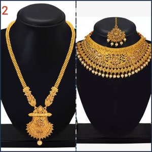 Long Choker Indian Traditional Wedding Bridal Wear Gold Plated Necklace Earrings Tika Kundan Diamond Fashion Jewelry Set 2 Piece Combo Set