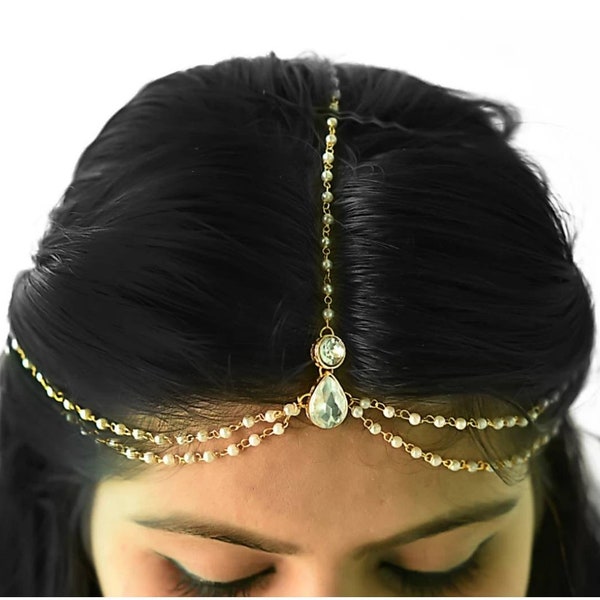 Gold Plated Crystal Stone Matha Patti Wedding Bridal Goddess Bohemian Boho Grecian Head Chain Hair Jewelry Tika Head Piece Bollywood Indian