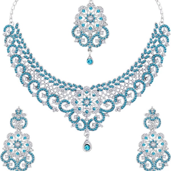 Aqua Rhinestone Indian Bollywood Style Fashion Wedding Silver Plated Necklace Earrings Party  Maang Tikka Jewelry,Bridesmaid Gift Jewelry