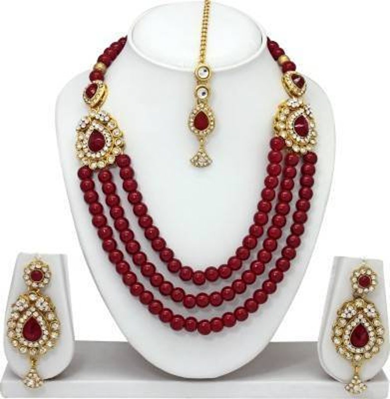 Maroon Pearl Ethnic Indian Traditional Gold Plated Wedding Party Wear Necklace Earrings Jewelry Set
