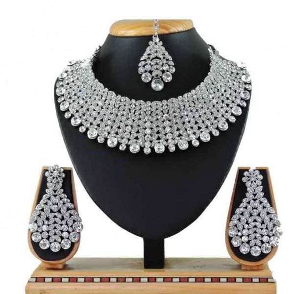 Indian Traditional Wedding Silver Plated Bridal Jewelry Diamond Necklace Earrings Mang Tika Set Ethnic Bollywood Fashion Style