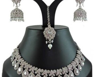 Rhineston Indian Bollywood Style Fashion Wedding Silver Plated Necklace Earrings Party Jewelry  Set,Bridesmaid Gift Jewelry, Prom Party Wear