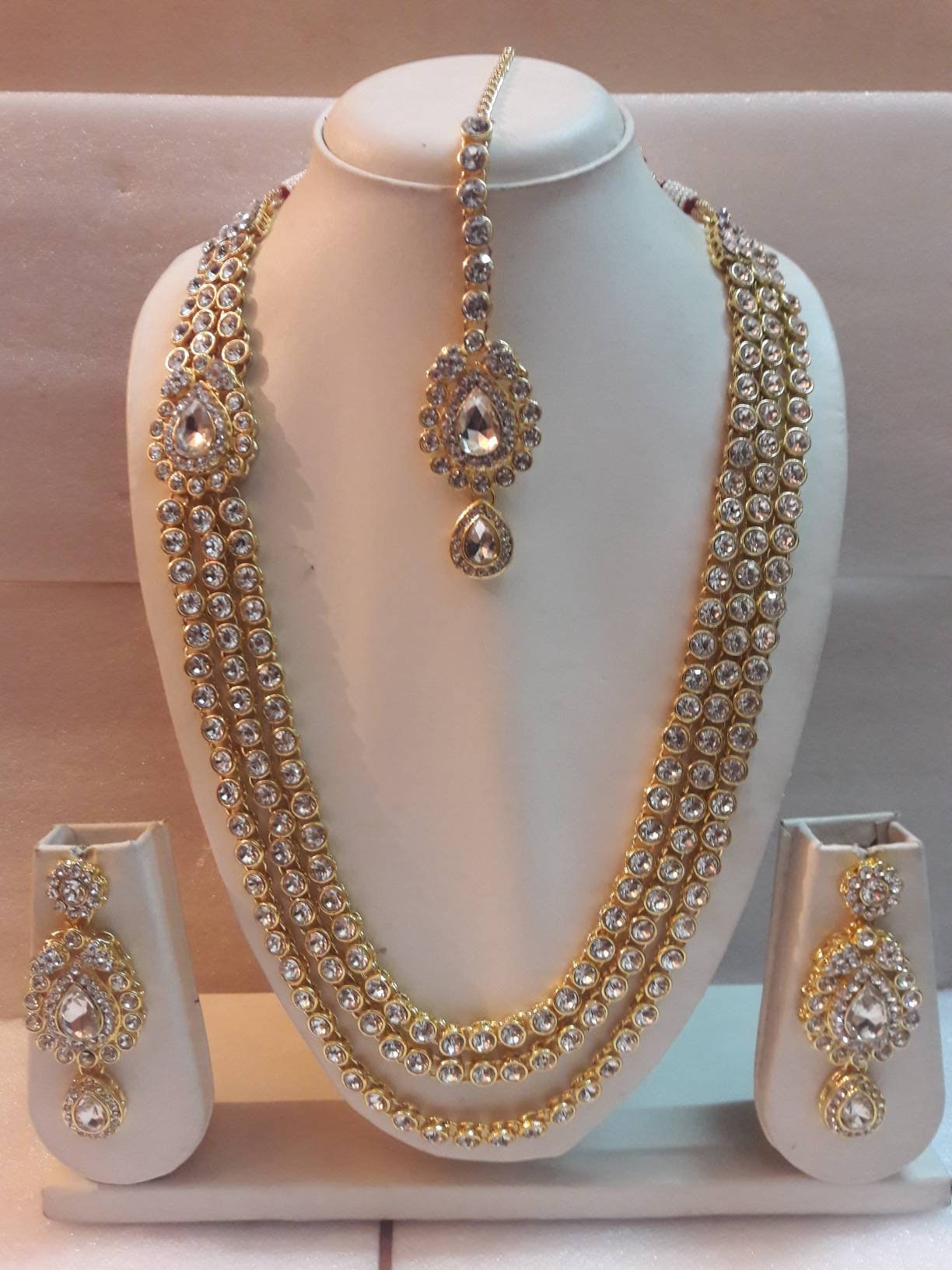 Indian Bollywood Necklace Earring Set White Stone AD Love Dress Fashion Jewelry