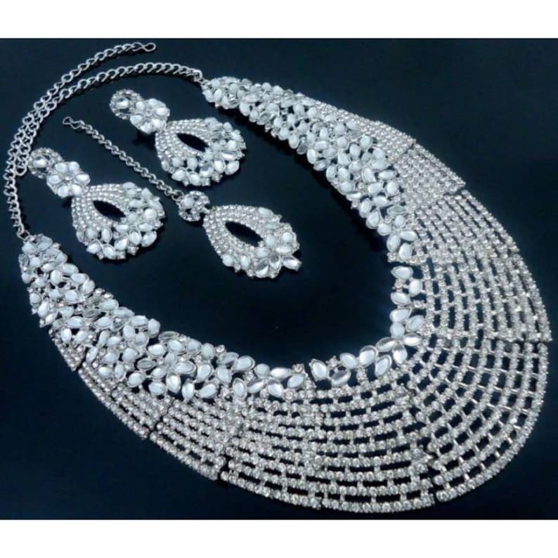 Kundan Bridal Indian Bollywood Style Fashion Wedding Silver Plated Diamond Necklace Earrings Tikka Party Jewelry Set