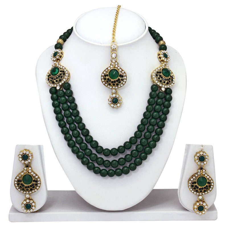 Green Pearl Ethnic Indian Traditional Stunning Gold Plated Choker Wedding Party Wear Sterling Necklace Earrings Tika Jewelry Set