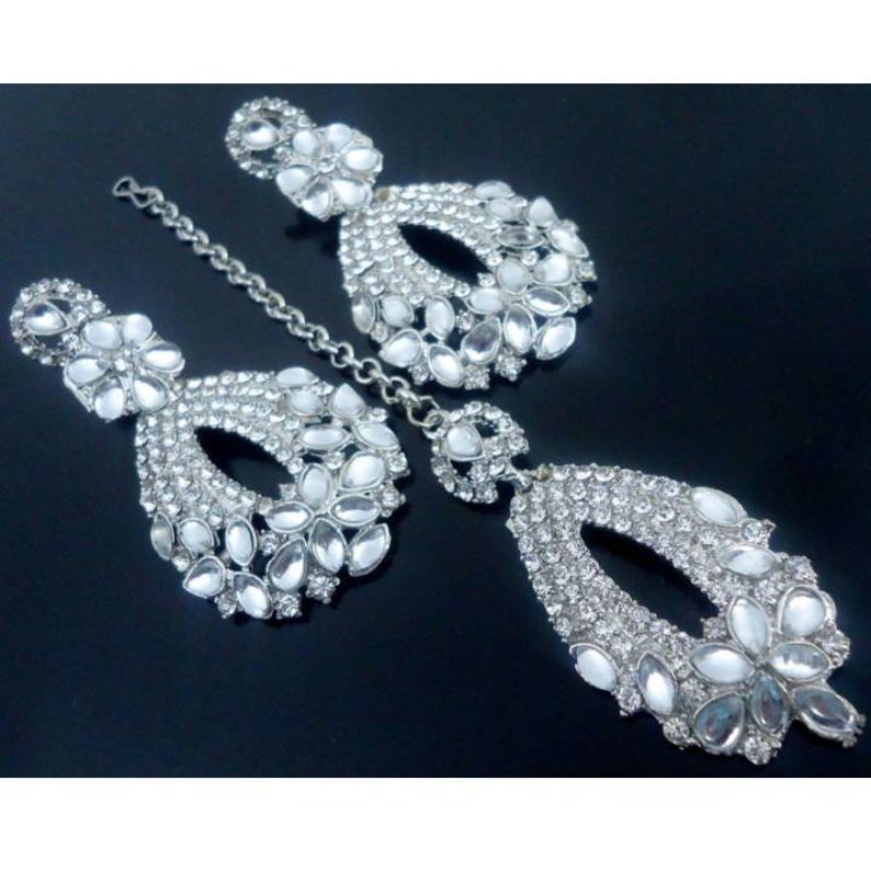 Kundan Bridal Indian Bollywood Style Fashion Wedding Silver Plated Diamond Necklace Earrings Tikka Party Jewelry Set